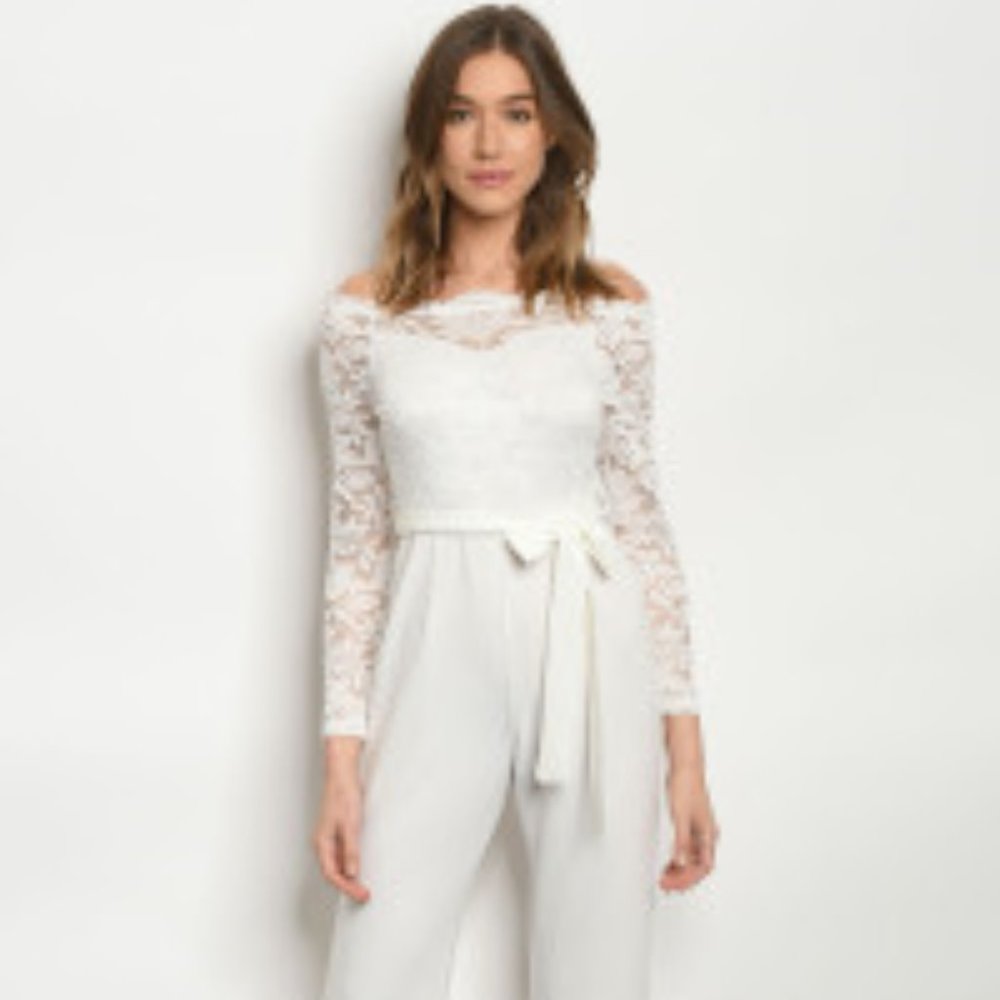 Available Off Shoulder Lacy White Jumpsuit